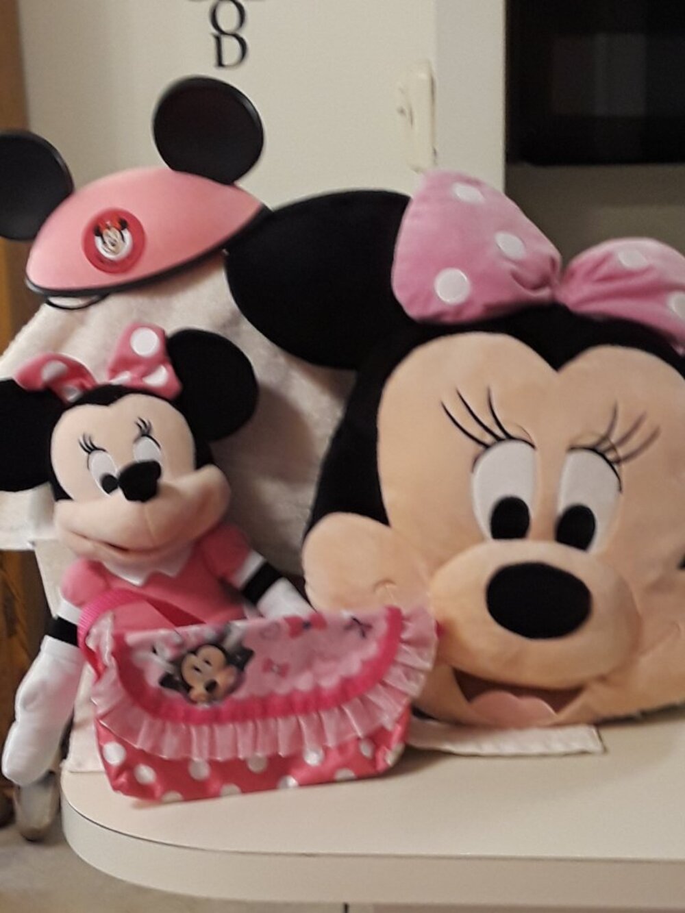 Disney Minnie Mouse 4Pc Lot Pink-16" Plush Pillow, 14" Plush Doll, EarCap, Purse